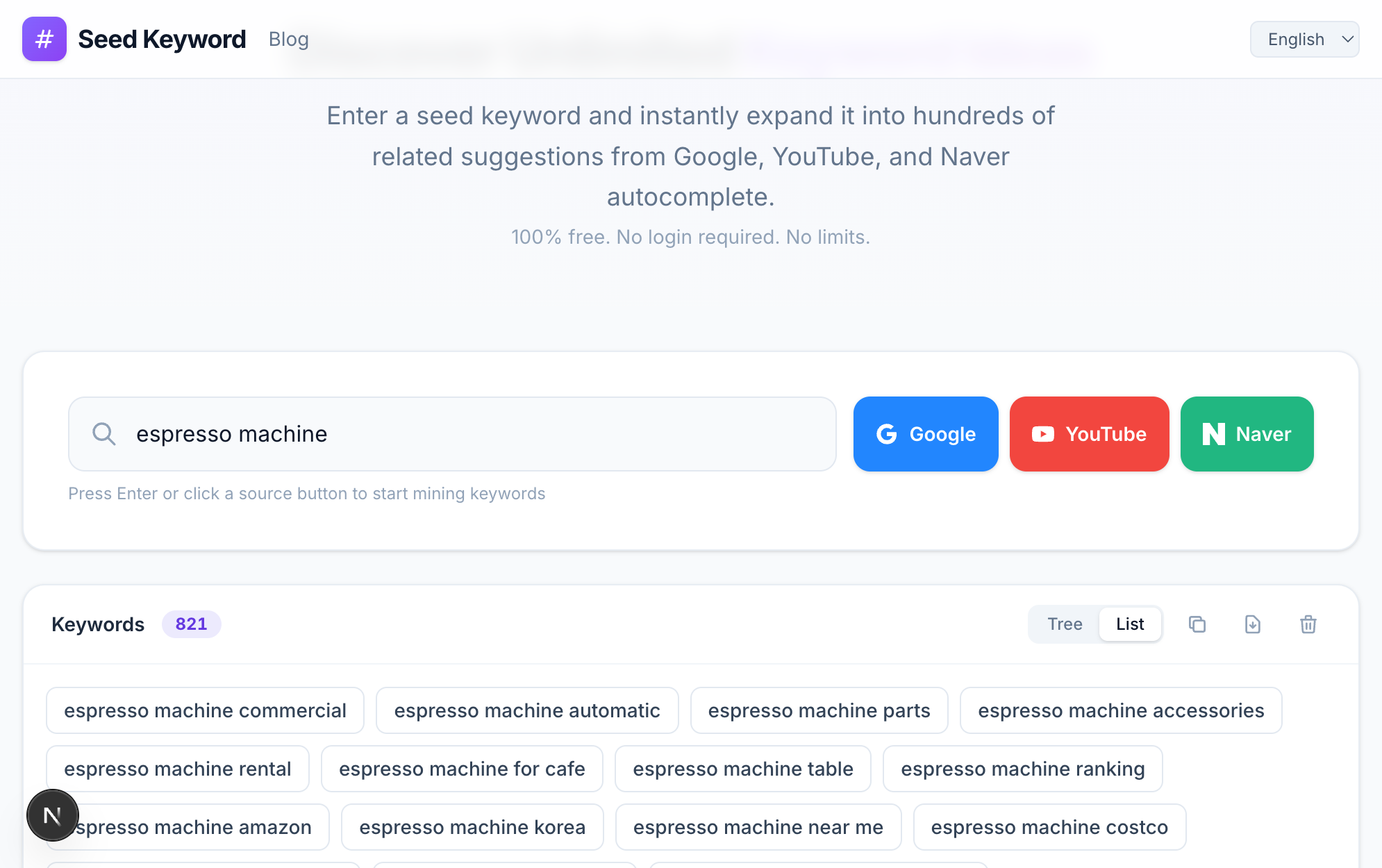 A free autocomplete tool returning hundreds of long-tail suggestions from a single seed, with no login or quota